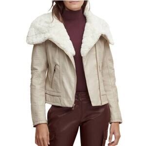 La Nouvelle Renaissance Creme Vegan Leather Shearling Moto Jacket Small NEW Lux